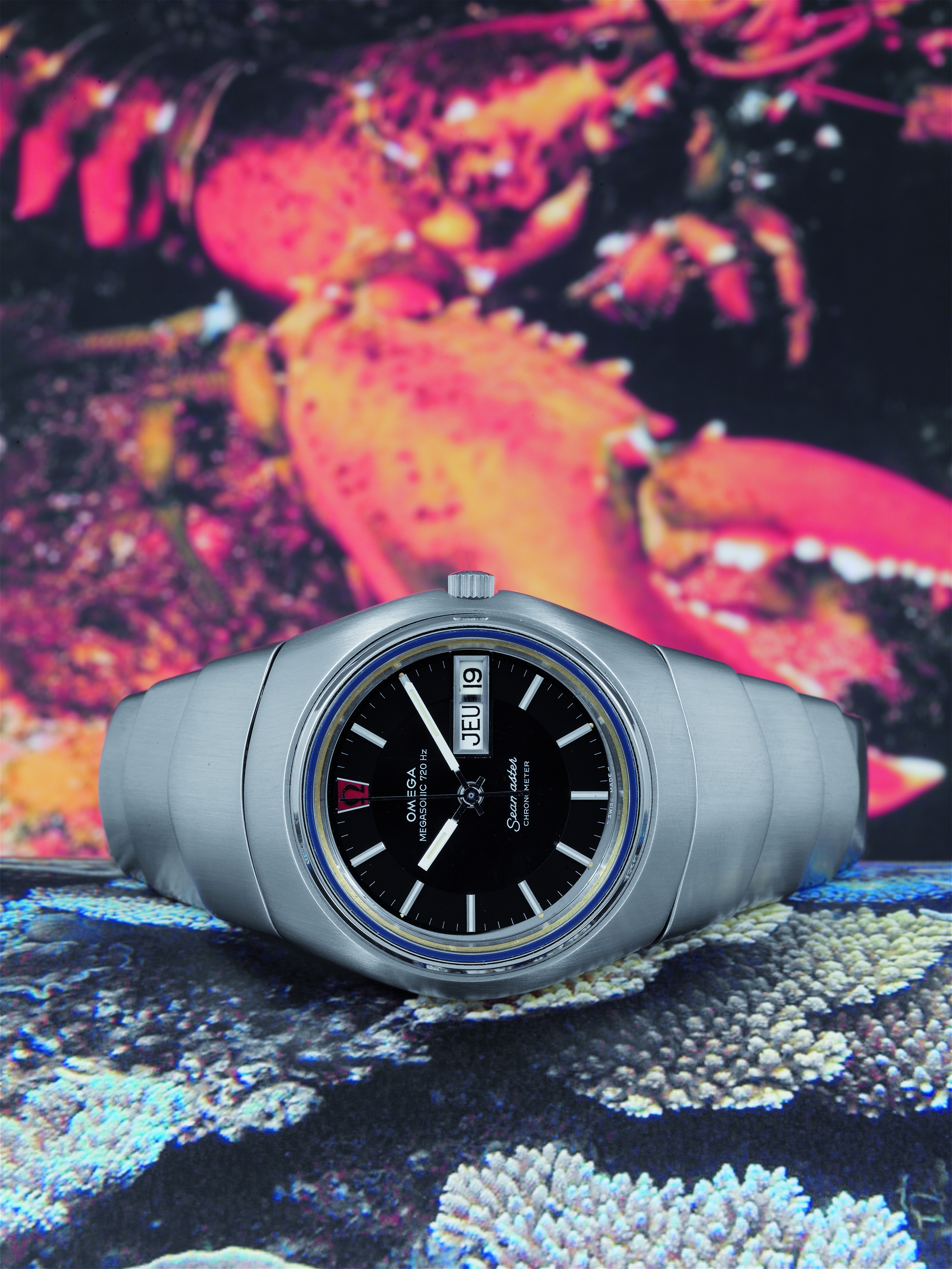 MEGASONIC 720 HZ', SO-CALLED 'LOBSTER' Omega, 'Seamaster, Megasonic 720 Hz,  Chronometer', No. 36247099, Ref. ST 398.0822. Made in 1973. Fine and  rare,tonneau-shaped, center seconds, stainless steel electronic gentleman`  s wristwatch with date