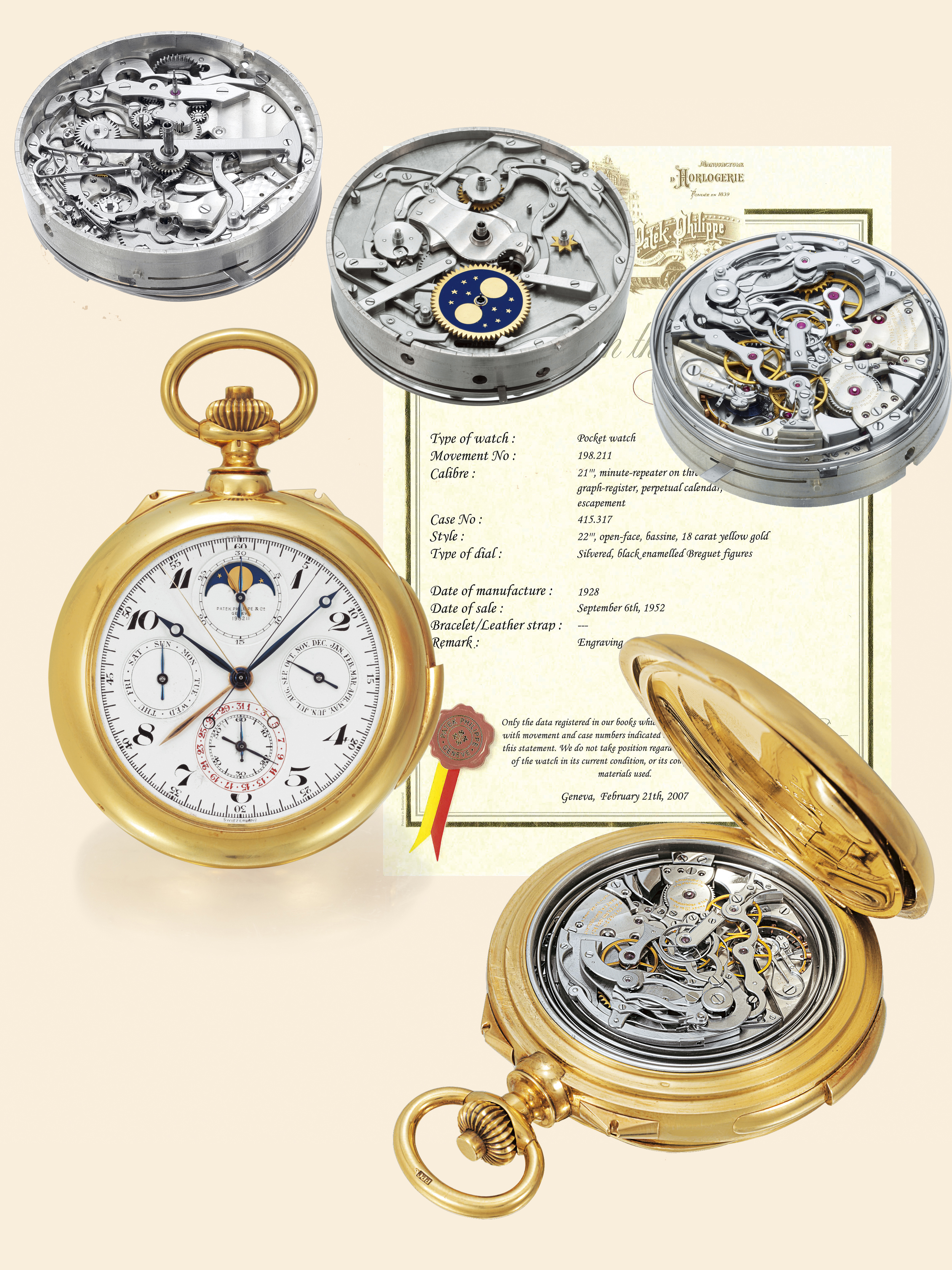 One of Only Two Known Ultra-Complicated Watches with Double Chronograph' Patek  Philippe \u0026amp; Co., Geneva, No. 198211, case No. 415317. Started in 1928,  completed in 1931, sold on September 6, 1952. Exceptionally