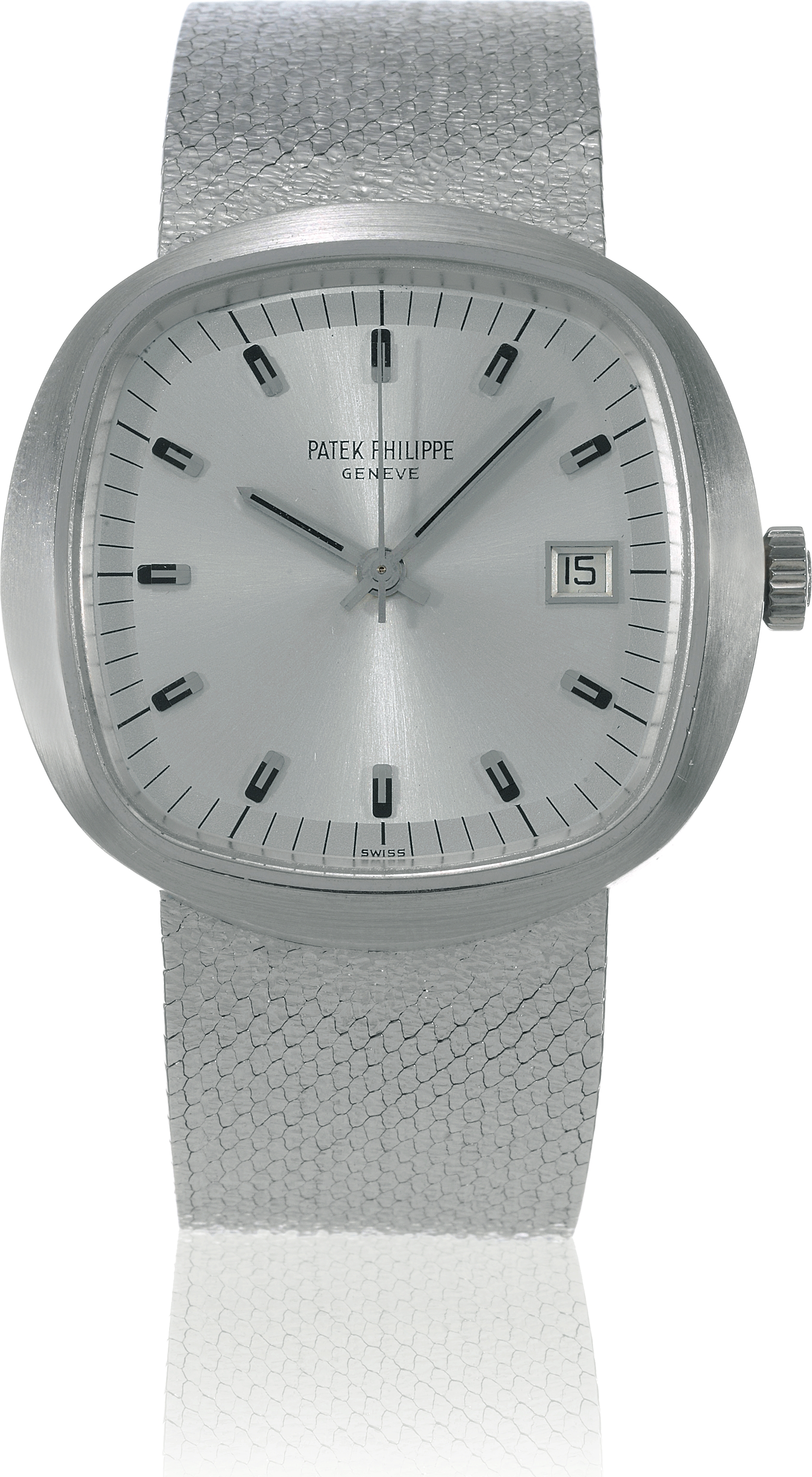 Patek Philippe, Genève, movement No. 5824, case No. 2699614, Ref. 3587/1.  Made in 1971, sold on June 18, 1971. Rare and unusual center second,  water-resistant, large, cushionshaped, 18K white gold wristwatch with