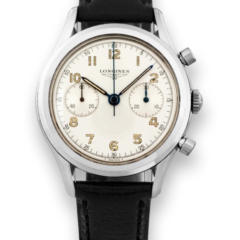 Longines Cal. 30CH Retour en Vol Chronograph Longines, 'Chronograph',  movement No. 14262277, case No. 65926, Ref. 6592. Sold on November 14th,  1968. Fine and rare, water resistant, anti-magnetic, stainless steel  wristwatch with