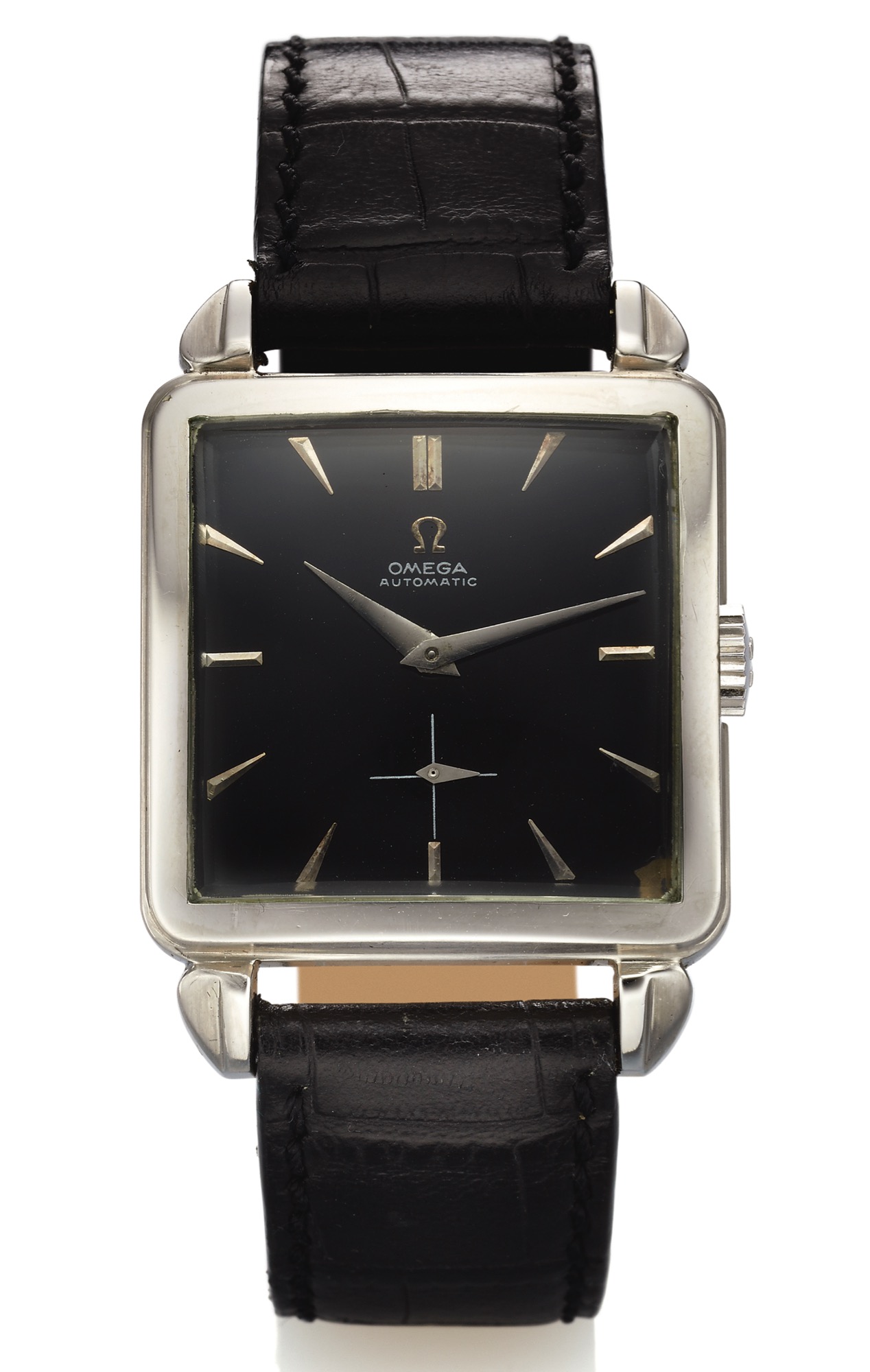 OMEGA REF. 3903 BLACK DIAL STEEL Omega, No. 12627505, Ref. 3903-5. Made  circa 1952. Very fine and rare, square, stainless steel wristwatch. |  Important Modern \u0026amp; Vintage Timepieces | New York, December 15th, 2015