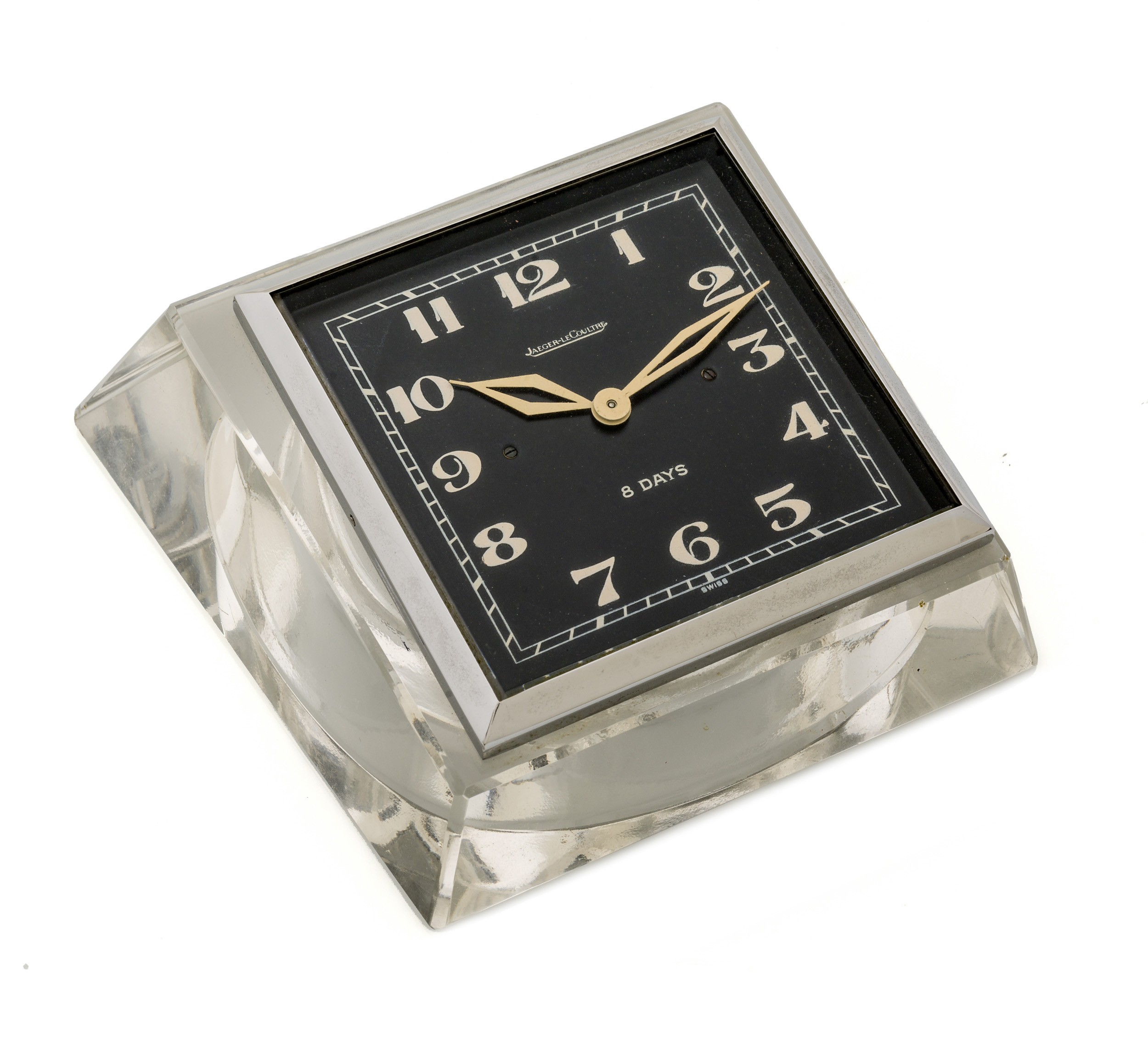 JAEGER, LECOULTRE 8 DAYS, GLASS DESK CLOCK A fine, manual wind, crystal
